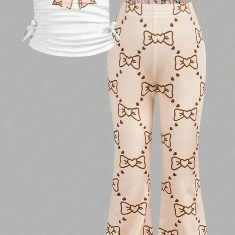 Girls Bow-Print Flare Pants - Cream Size- 4Y